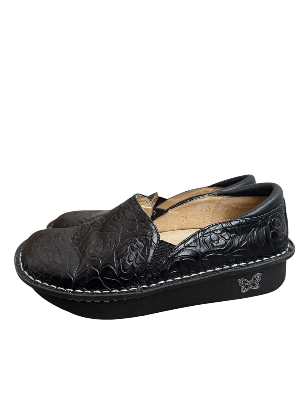 Alegria Black Floral Tooled Leather Comfort Clogs Size 36